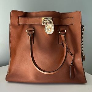 Michael Kora Saffiano Leather Shoulder Bag in Brown.
